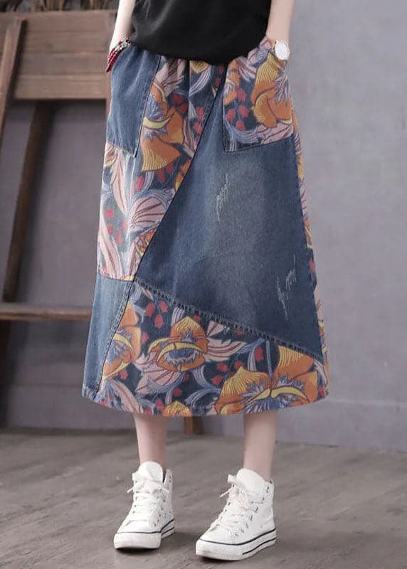 Casual Blue Pockets Patchwork Print A Line Fall Denim Skirts BSNZ-SKTS211014