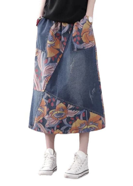 Casual Blue Pockets Patchwork Print A Line Fall Denim Skirts BSNZ-SKTS211014