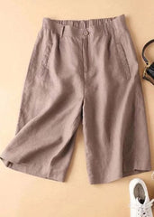 Casual Brown Pockets elastic waist Button Linen Straight Pants Summer GK-LPTS220328