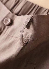 Casual Brown Pockets elastic waist Button Linen Straight Pants Summer GK-LPTS220328