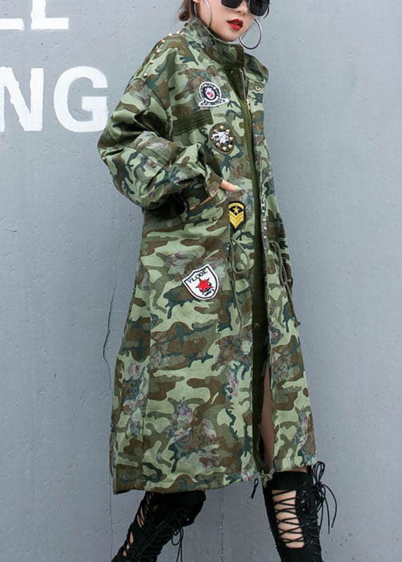 Casual Camouflage Rivet Print Pockets Fall Denim Long Sleeve Trench coats Coat OH-TCT210916