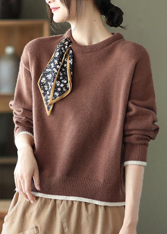 Casual Coffee O-Neck Loose Fall Sweater GK-NTP211019