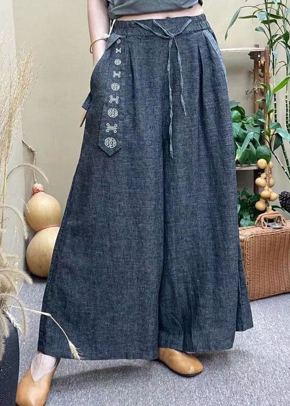 Casual Grey Elastic Waist Drawstring Pockets Linen Wide Leg Pants Summer GK-LPTS220418