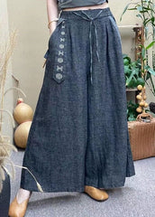 Casual Grey Elastic Waist Drawstring Pockets Linen Wide Leg Pants Summer GK-LPTS220418