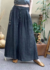 Casual Grey Elastic Waist Drawstring Pockets Linen Wide Leg Pants Summer GK-LPTS220418