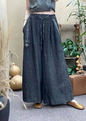 Casual Grey Elastic Waist Drawstring Pockets Linen Wide Leg Pants Summer GK-LPTS220418