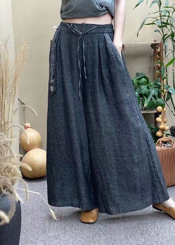 Casual Grey Elastic Waist Drawstring Pockets Linen Wide Leg Pants Summer GK-LPTS220418