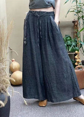 Casual Grey Elastic Waist Drawstring Pockets Linen Wide Leg Pants Summer GK-LPTS220418