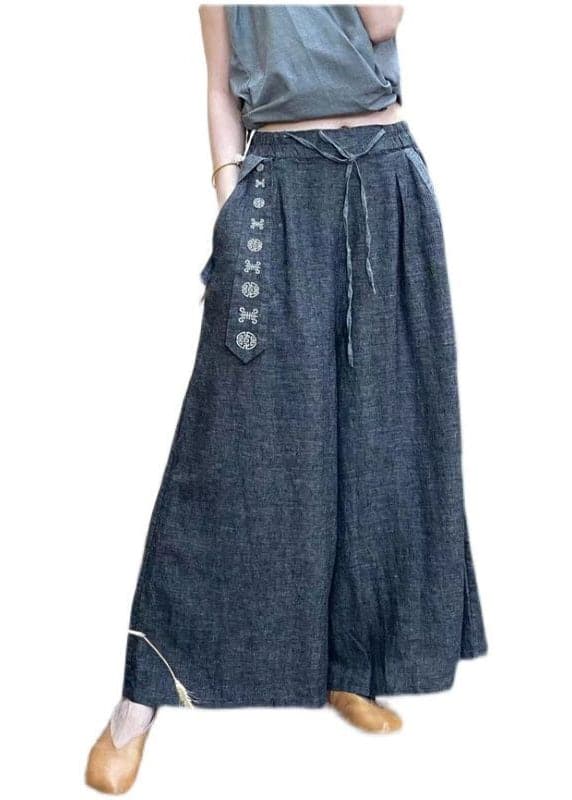 Casual Grey Elastic Waist Drawstring Pockets Linen Wide Leg Pants Summer GK-LPTS220418