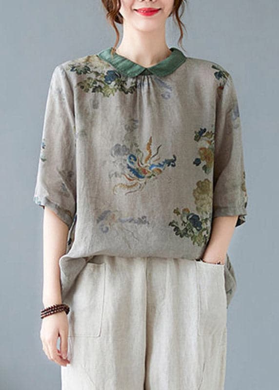 Casual Greyish Green Peter Pan Collar Button Shirts Half Sleeve GK-HTP220419