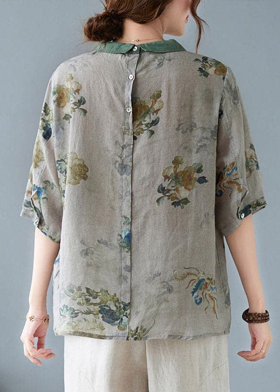 Casual Greyish Green Peter Pan Collar Button Shirts Half Sleeve GK-HTP220419