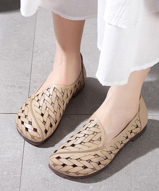 Casual Hollow Out Flat Feet Shoes Khaki Cowhide Leather Embossed Flats Shoes XZ-PDX210622