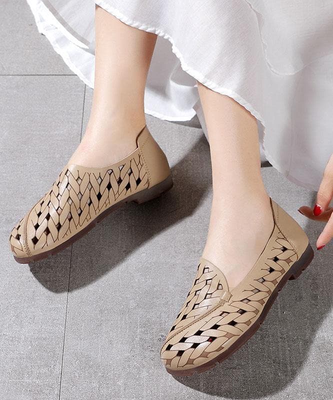 Casual Hollow Out Flat Feet Shoes Khaki Cowhide Leather Embossed Flats Shoes XZ-PDX210622