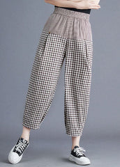 Casual Khaki Plaid Elastic Waist Patchwork Linen Harem Pants Summer GK-LPTS220623