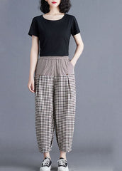 Casual Khaki Plaid Elastic Waist Patchwork Linen Harem Pants Summer GK-LPTS220623