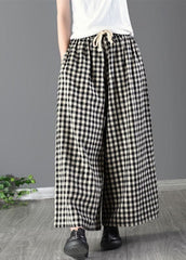 Casual Large Plaid Elastic Waist Linen Wide Leg Pants Summer GK-LPTS220509