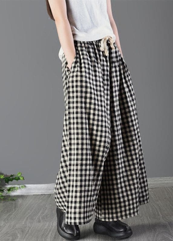 Casual Large Plaid Elastic Waist Linen Wide Leg Pants Summer GK-LPTS220509