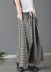 Casual Large Plaid Elastic Waist Linen Wide Leg Pants Summer GK-LPTS220509