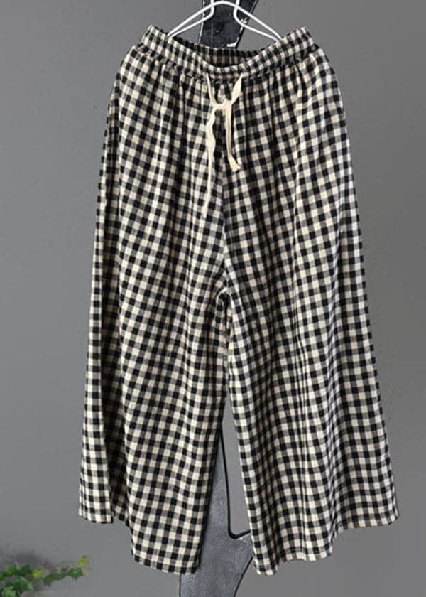 Casual Large Plaid Elastic Waist Linen Wide Leg Pants Summer GK-LPTS220509