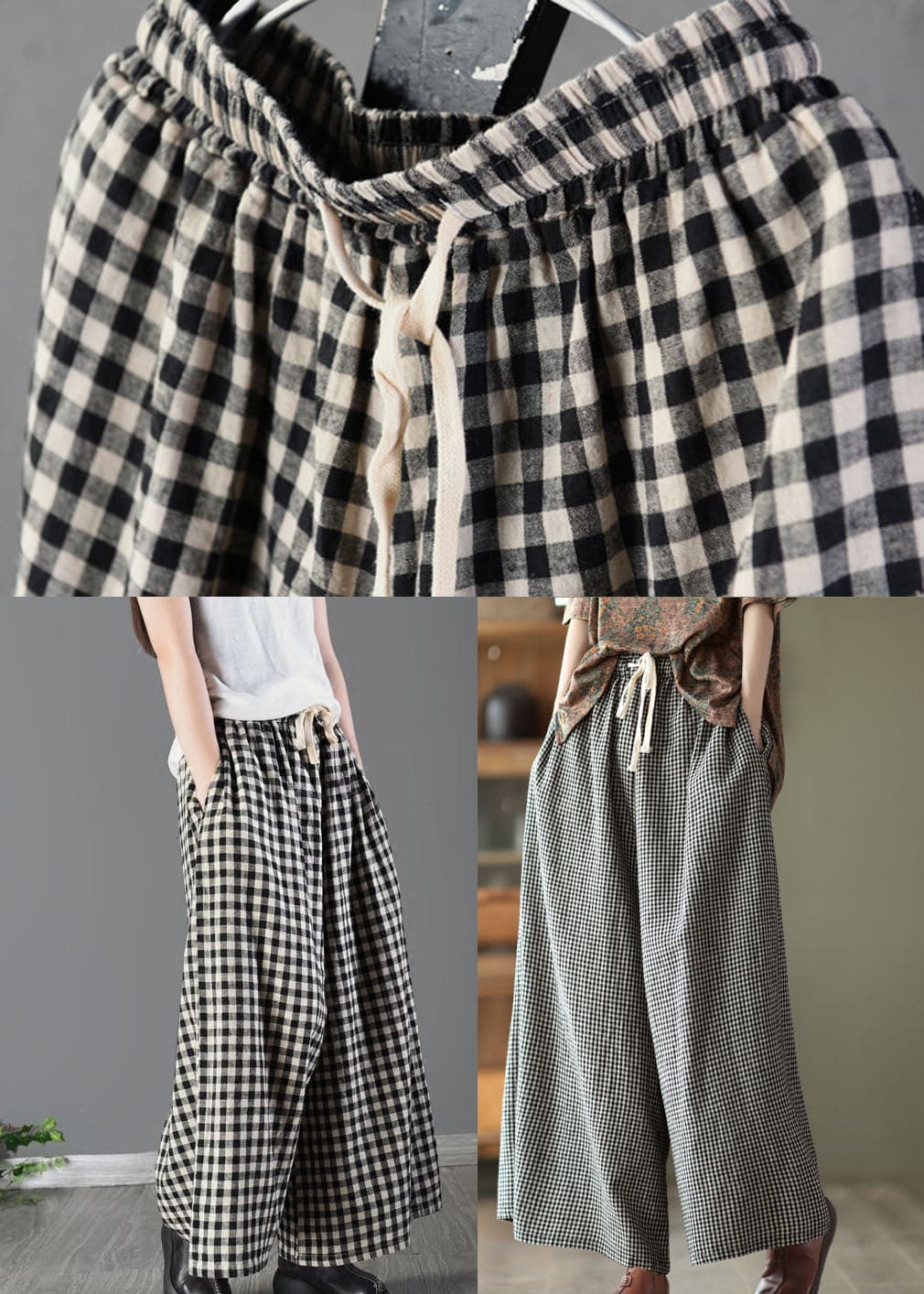 Casual Large Plaid Elastic Waist Linen Wide Leg Pants Summer GK-LPTS220509