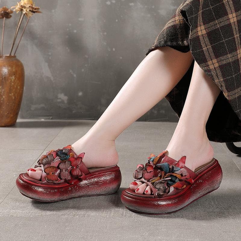 Casual Platform Red Cowhide Leather Peep Toe Slide Sandals XZ-LT210624