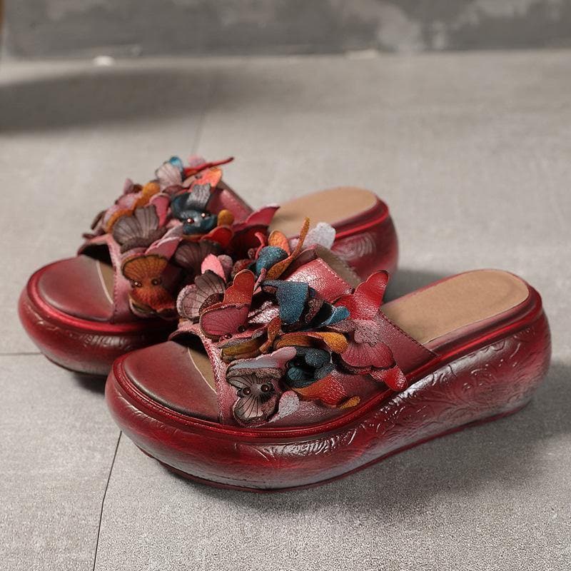 Casual Platform Red Cowhide Leather Peep Toe Slide Sandals XZ-LT210624