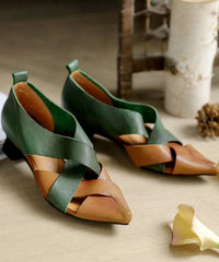 Casual Pointed Toe Chunky Sandals Yellow Green Cowhide Leather Splicing Sandals BX-GGX220407