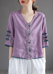 Casual Purple Retro O-Neck Oriental Summer Blouses Half Sleeve GK-HTP210810