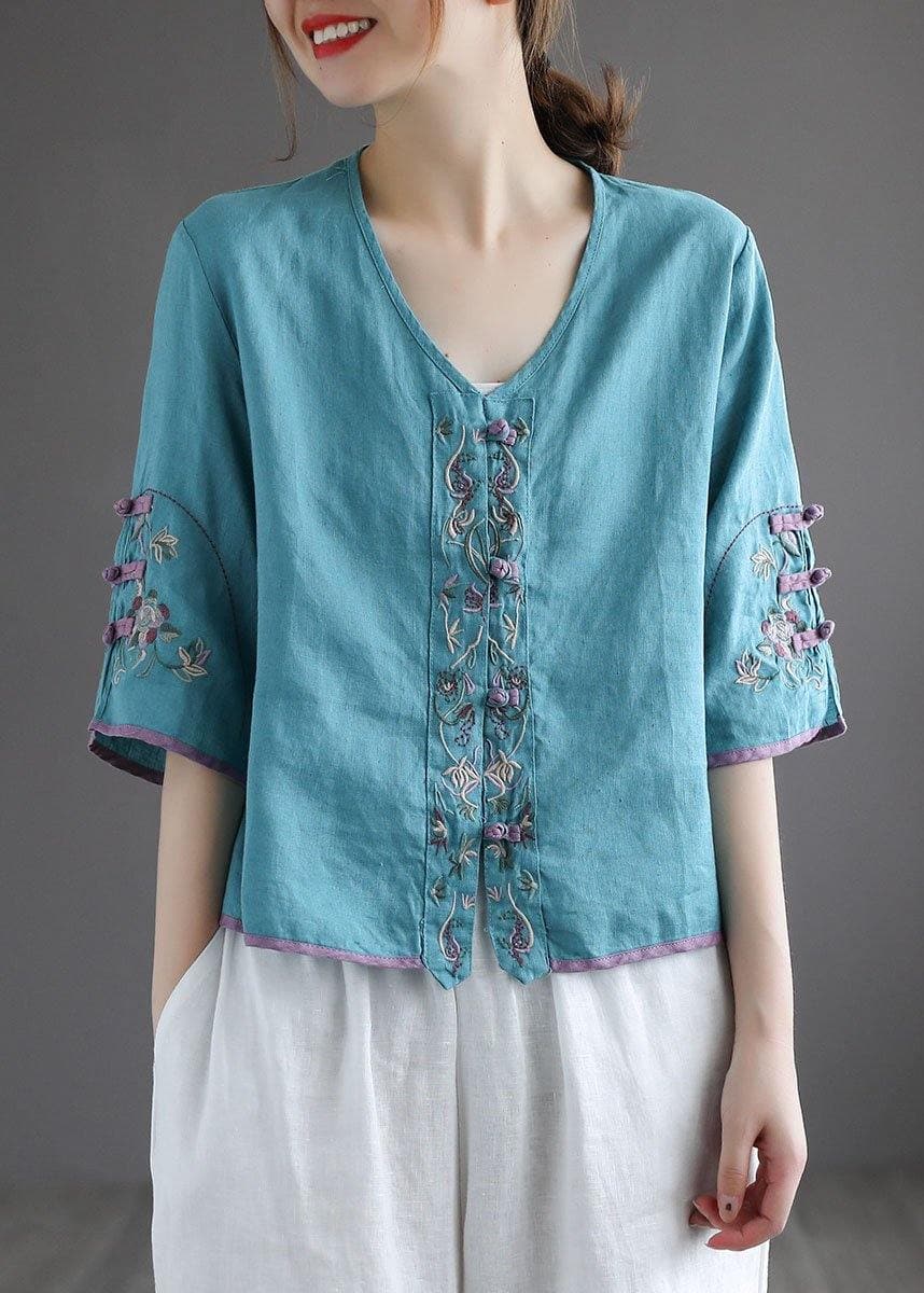 Casual Purple Retro O-Neck Oriental Summer Blouses Half Sleeve GK-HTP210810