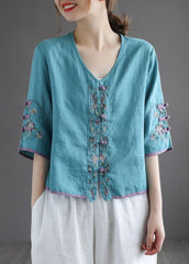 Casual Purple Retro O-Neck Oriental Summer Blouses Half Sleeve GK-HTP210810