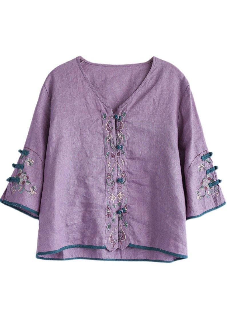 Casual Purple Retro O-Neck Oriental Summer Blouses Half Sleeve GK-HTP210810