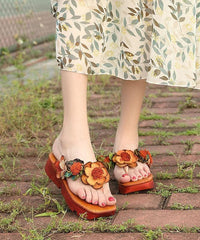 Casual Wedge Thong Sandals Orange Cowhide Leather Flip Flops JB210617