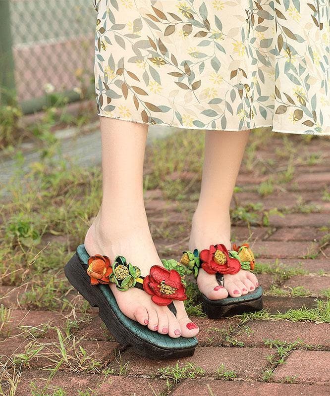 Casual Wedge Thong Sandals Orange Cowhide Leather Flip Flops JB210617