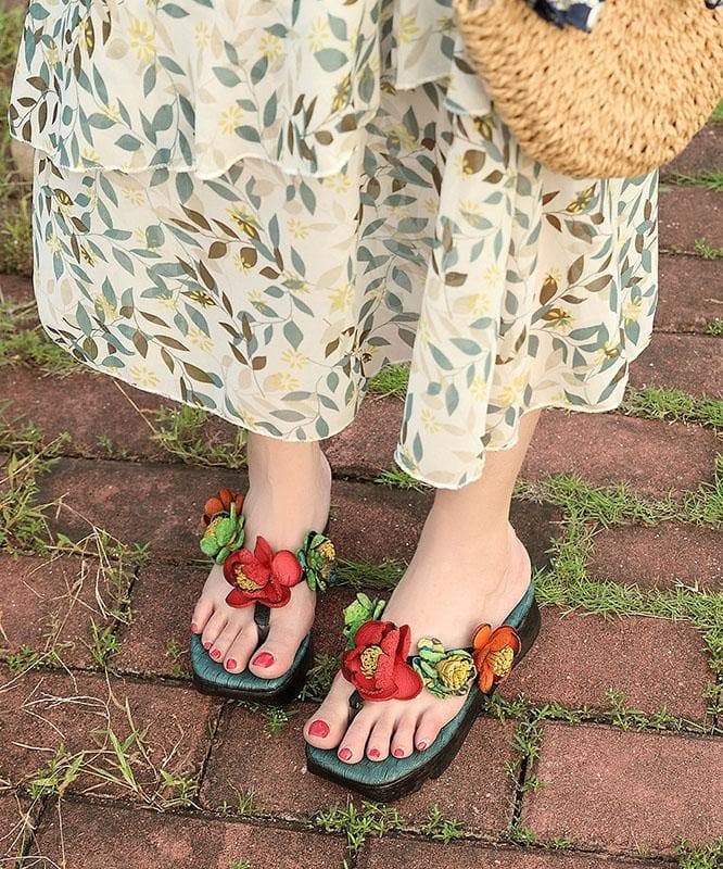 Casual Wedge Thong Sandals Orange Cowhide Leather Flip Flops JB210617