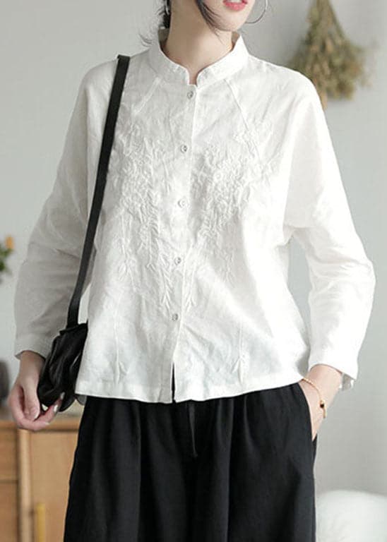 Casual White Stand Collar button Embroideried Shirt Top Long Sleeve GK-LTP220301