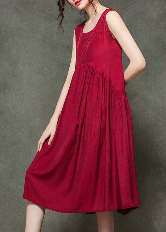 Casual Wine Red O-Neck Wrinkled Long Dresses Sleeveless gk-SDL220722