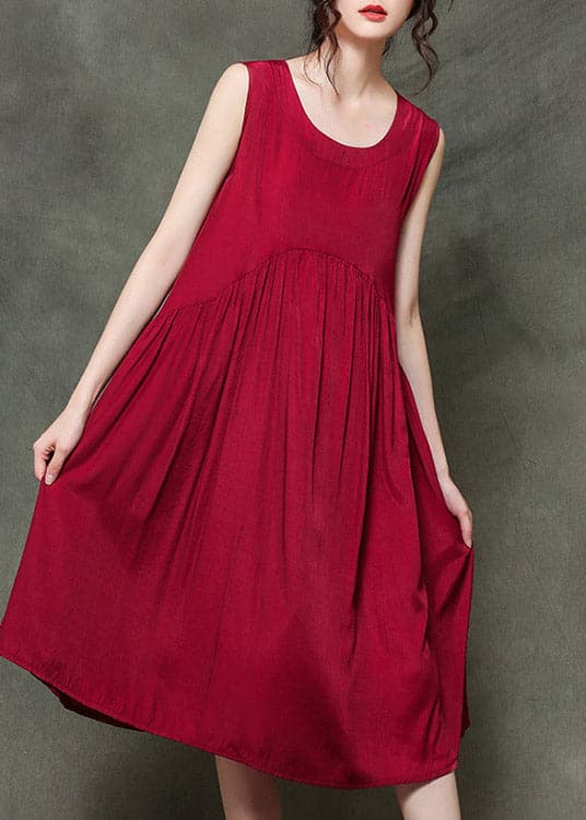 Casual Wine Red O-Neck Wrinkled Long Dresses Sleeveless gk-SDL220722