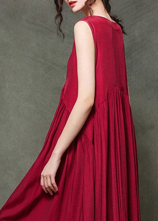 Casual Wine Red O-Neck Wrinkled Long Dresses Sleeveless gk-SDL220722