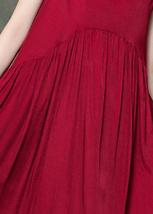 Casual Wine Red O-Neck Wrinkled Long Dresses Sleeveless gk-SDL220722