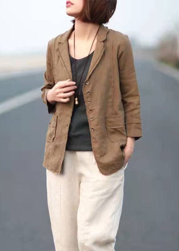 Casual Khaki Patchwork Spring Linen Long Sleeve Tops GK-LTP210720