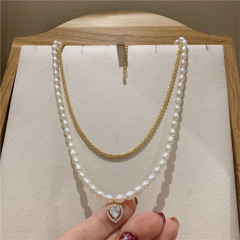 Charm Jewelry Luxury Natural Pearl Zircon Heart Choker Necklace For Women New Design Jewelry Gifts MDS0304 Touchy Style