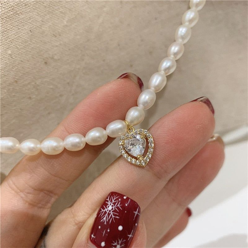 Charm Jewelry Luxury Natural Pearl Zircon Heart Choker Necklace For Women New Design Jewelry Gifts MDS0304 Touchy Style