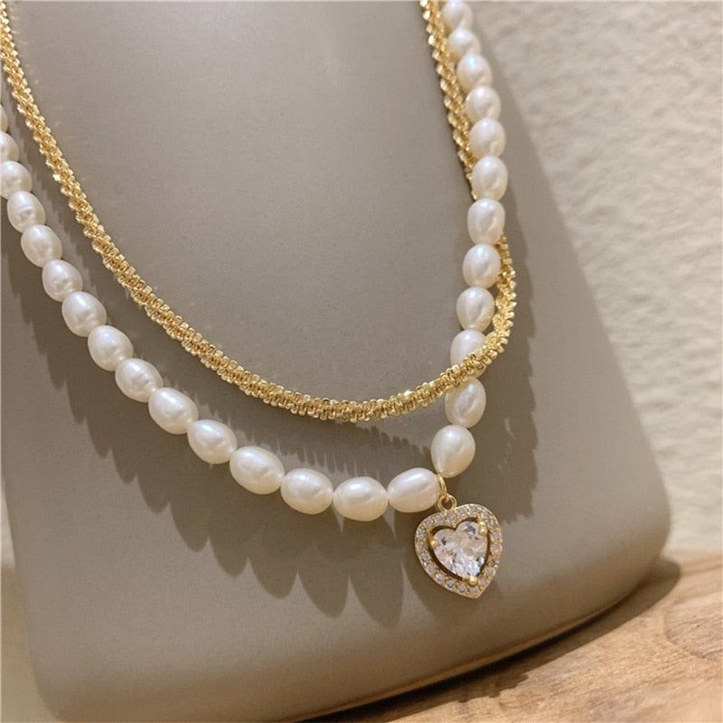 Charm Jewelry Luxury Natural Pearl Zircon Heart Choker Necklace For Women New Design Jewelry Gifts MDS0304 Touchy Style