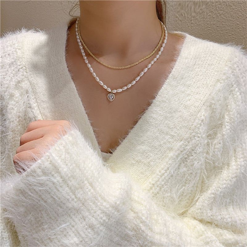 Charm Jewelry Luxury Natural Pearl Zircon Heart Choker Necklace For Women New Design Jewelry Gifts MDS0304 Touchy Style