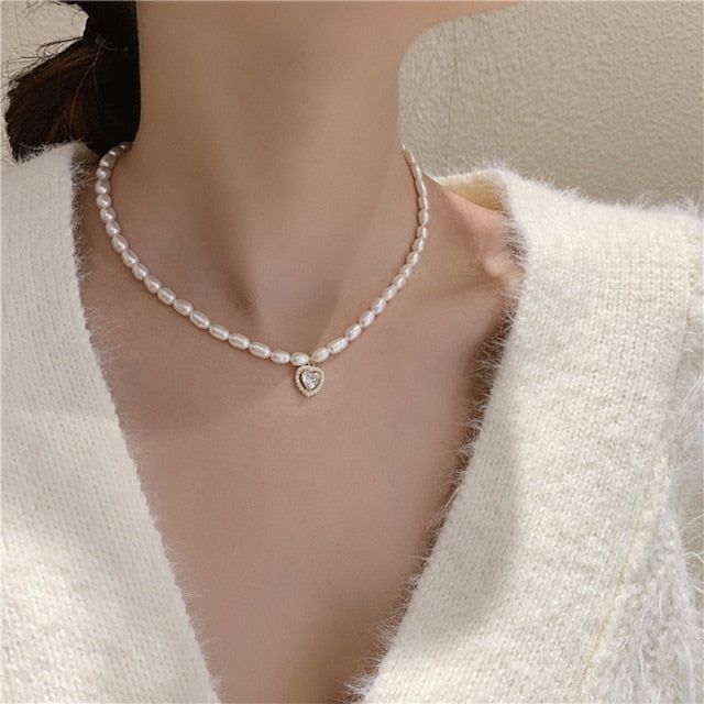 Charm Jewelry Luxury Natural Pearl Zircon Heart Choker Necklace For Women New Design Jewelry Gifts MDS0304 Touchy Style