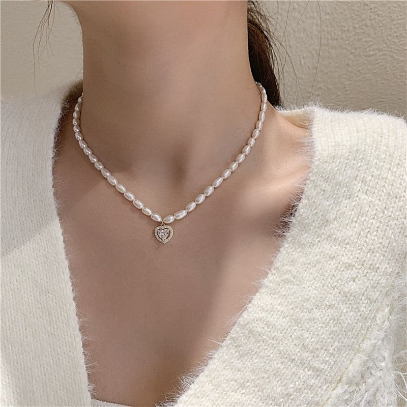 Charm Jewelry Luxury Natural Pearl Zircon Heart Choker Necklace For Women New Design Jewelry Gifts MDS0304 Touchy Style