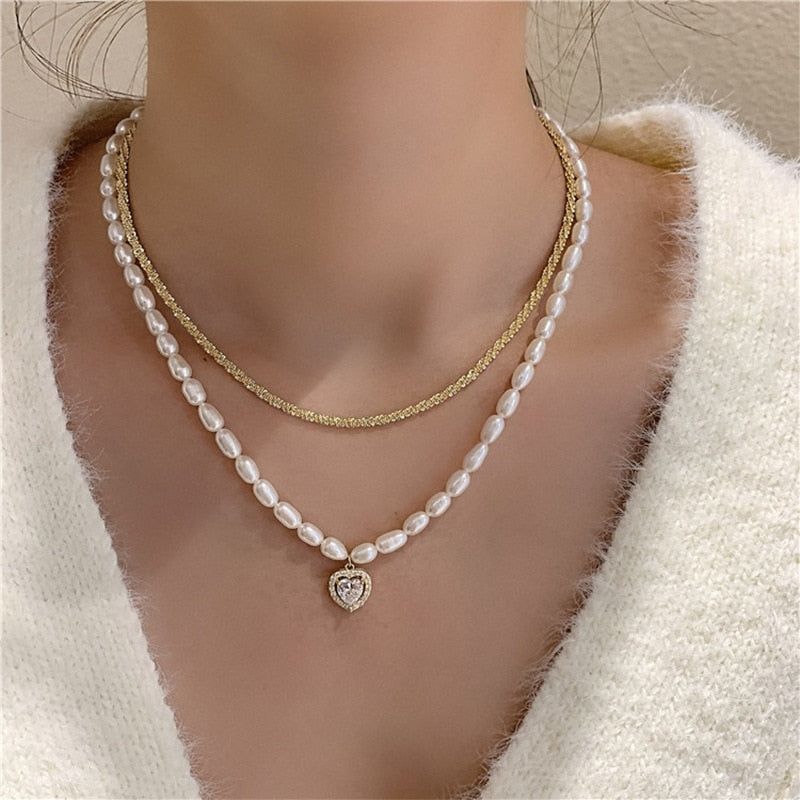 Charm Jewelry Luxury Natural Pearl Zircon Heart Choker Necklace For Women New Design Jewelry Gifts MDS0304 Touchy Style