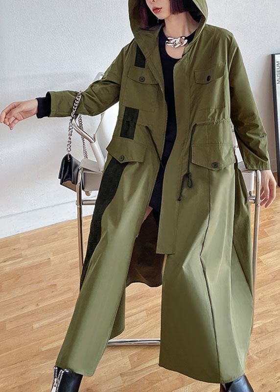 Chic Army Green Pockets Patchwork Button Zippered Fall Tie Waist Hooded Coat Long Sleeve AT-TCT210907