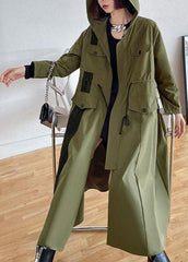 Chic Army Green Pockets Patchwork Button Zippered Fall Tie Waist Hooded Coat Long Sleeve AT-TCT210907