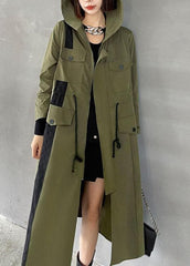 Chic Army Green Pockets Patchwork Button Zippered Fall Tie Waist Hooded Coat Long Sleeve AT-TCT210907